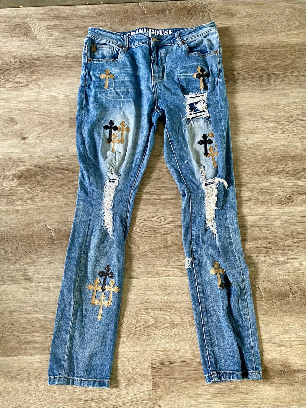 House of Lords Distressed Blue Men's Jeans with Cross Appliqués